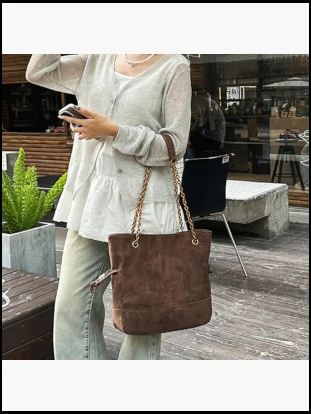 Faux Suede Hobo Shoulder Bag Large Tote Handbag with Chain Strap
